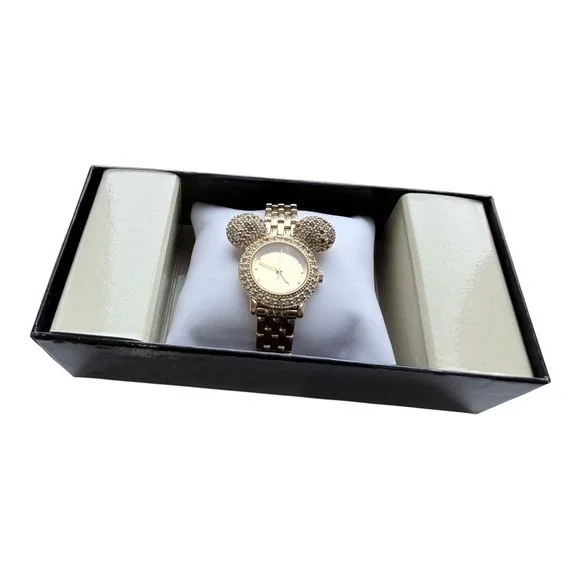 VTG Disney Mickey Mouse Watch Women Gold Rhinestone Link Disney Store Box